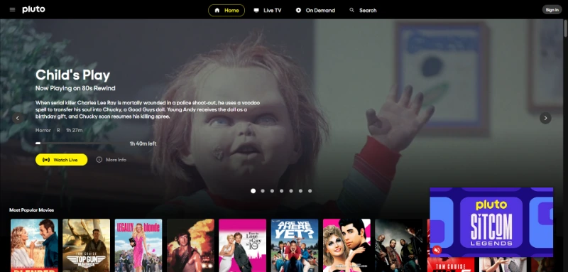 Interface do Pluto TV com canais gratuitos e filmes sob demanda