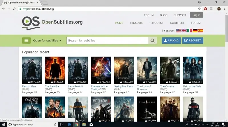 Interface do OpenSubtitles para baixar legendas de filmes e séries