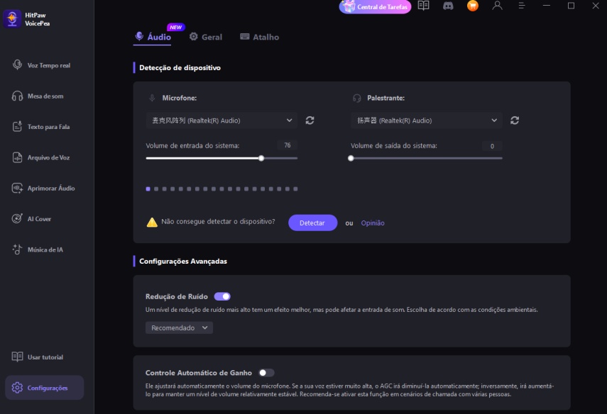 escolher configurações de entrada e saída